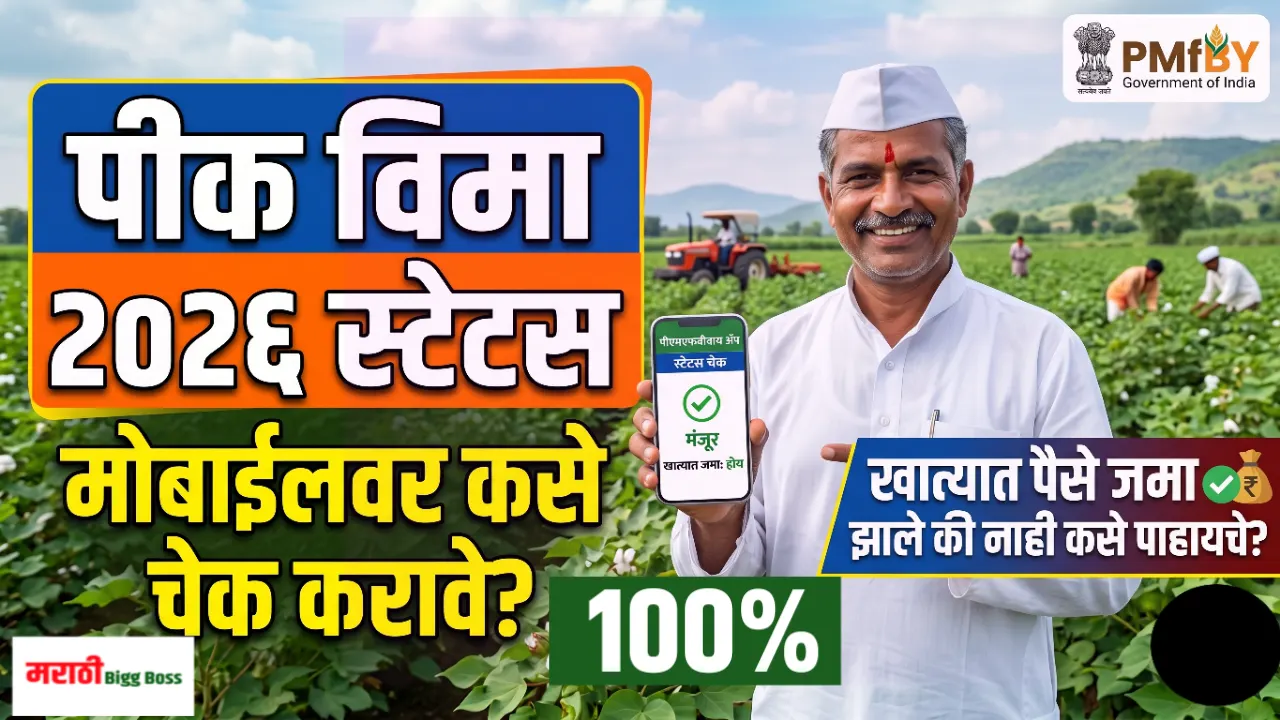 मोबाईलवर पीक विमा २०२६ स्टेटस चेक करताना आणि पीक विमा खात्यात जमा झाला की नाही कसे पाहायचे याची माहिती तपासताना शेतकरी.