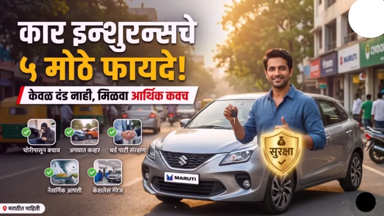 कार इन्शुरन्सचे फायदे आणि सुरक्षित गाडी दर्शवणारे प्रातिनिधिक चित्र.