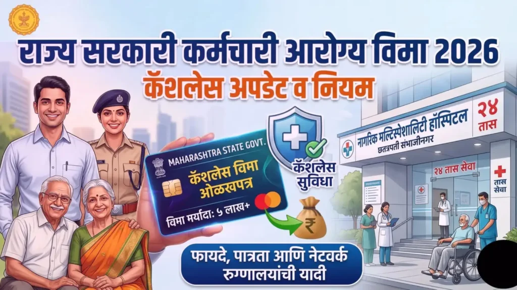 महाराष्ट्र राज्य सरकारी कर्मचारी कॅशलेस आरोग्य विमा योजनेची सविस्तर माहिती देणारे प्रातिनिधिक चित्र.