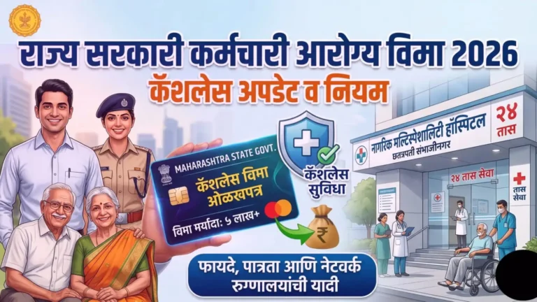 महाराष्ट्र राज्य सरकारी कर्मचारी कॅशलेस आरोग्य विमा योजनेची सविस्तर माहिती देणारे प्रातिनिधिक चित्र.