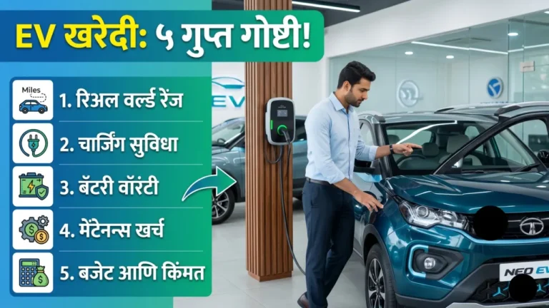 नवीन इलेक्ट्रिक कार खरेदी करण्यापूर्वी शोरूममध्ये ईव्हीची रेंज आणि बॅटरीची माहिती घेताना ग्राहक.